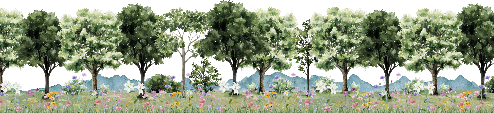 木と花と山のイラスト